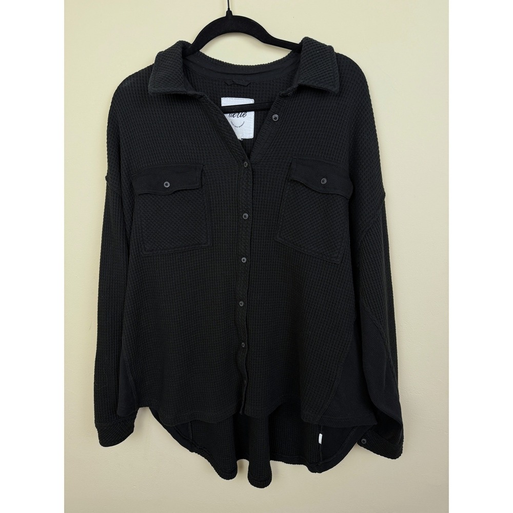 Aerie XL Black Waffle Knit Button Down Oversized Thermal Shacket